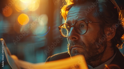 Businessman in glasses immersed in a newspaper, with warm sunlight streaming in, Realistic, Photography, Warm Tones, Detailed 8K , high-resolution, ultra HD,up32K HD photo