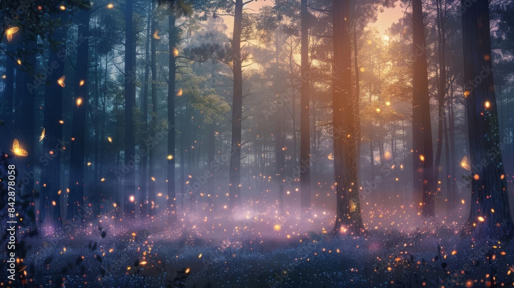 Childrens book depiction of a mysterious forest at twilight, whimsical fireflies and soft, mystical fog Childrens book depiction of a mysterious forest at twilight, whimsical fireflies and soft, mystical fog