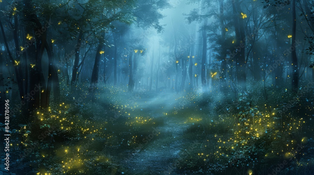 Childrens book depiction of a mysterious forest at twilight, whimsical fireflies and soft, mystical fog Childrens book depiction of a mysterious forest at twilight, whimsical fireflies and soft, mystical fog