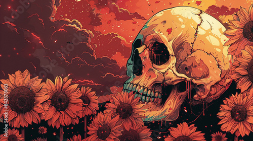  Halloween concept psychedelics style Sunflowers and skull
