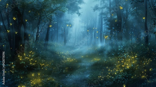Childrens book depiction of a mysterious forest at twilight, whimsical fireflies and soft, mystical fog photo