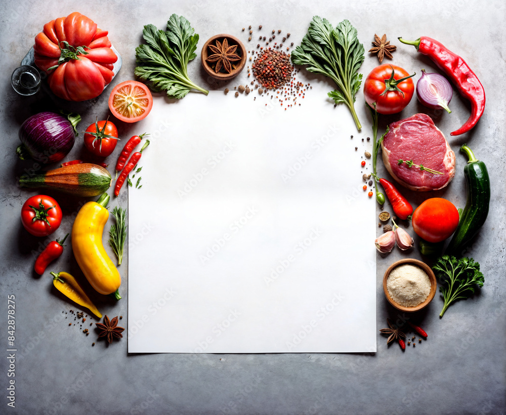 Assorted fresh vegetables and fruits arranged around a blank white card on a dark background, including tomatoes, leafy greens, spices, and other produce