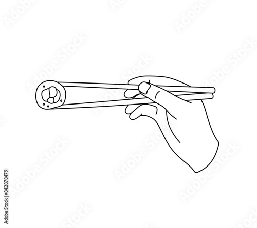 Vector isolated hand with sushi in sticks logo colorless black and white contour line easy drawing