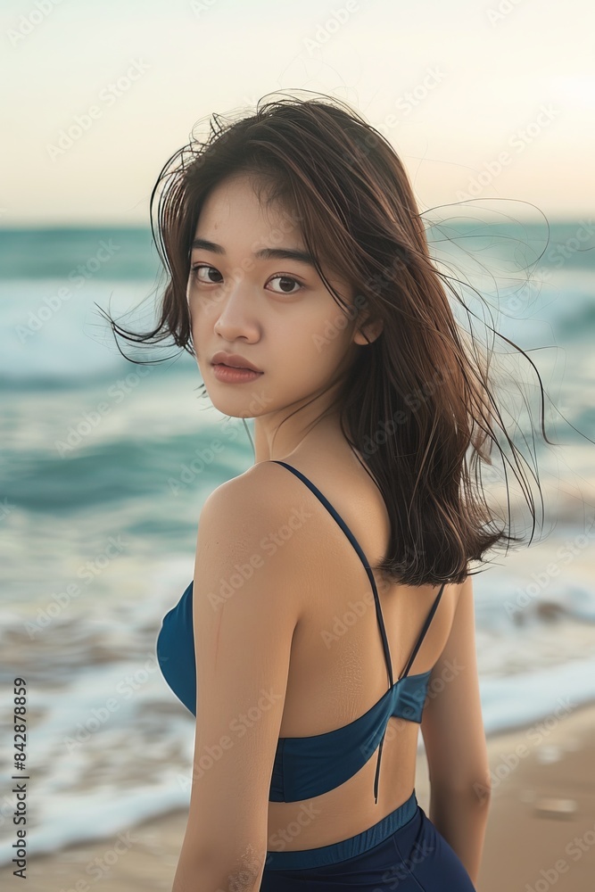Confident Hong Kong Model in Blue Swimsuit Poses on Sandy Beach for Summer Fashion Shoot Confident Hong Kong Model in Blue Swimsuit Poses on Sandy Beach for Summer Fashion Shoot