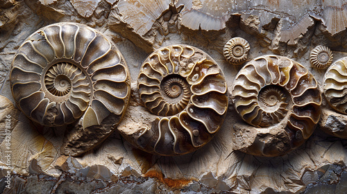 multiple ammonite fossils embedded in a slab of limestone, natural patterns and symmetry, archaeological finds