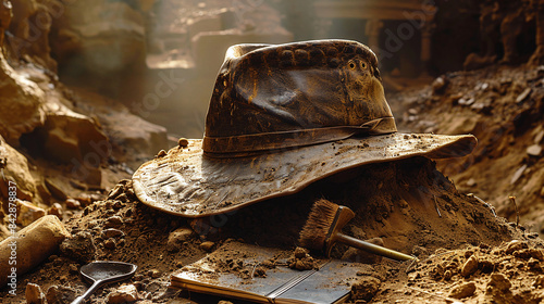 grunge wide-brimmed hat atop a dusty archaeological dig site, archeology, exploration and discovery