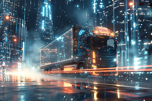 Wallpaper Mural Futuristic Truck Driving Through Neon-Lit City at Night Torontodigital.ca