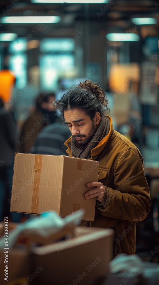 A man with a beard and long hair is carefully packing a cardboard box in a warehouse setting surrounded by people and shelves. A man with a beard and long hair is carefully packing a cardboard box in a warehouse setting surrounded by people and shelves.