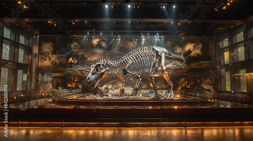 a museum exhibit featuring a large dinosaur skeleton as the centerpiece, paleontological finds © Luluraschi