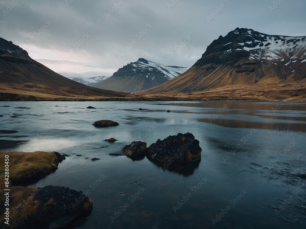 Obraz premium A beautiful sunrise with mountains and a boat on the water