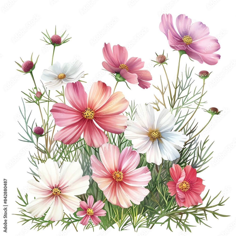 Beautiful watercolor illustration of pink, white, and red flowers with green foliage, perfect for nature-themed designs and floral art projects. Beautiful watercolor illustration of pink, white, and red flowers with green foliage, perfect for nature-themed designs and floral art projects.