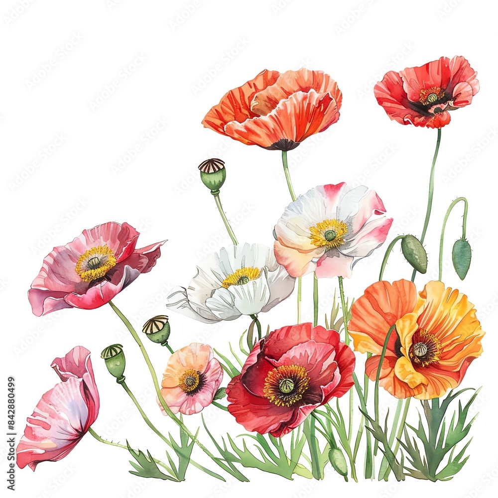 Obraz premium Beautiful watercolor illustration of vibrant poppies in various colors, perfect for floral designs and nature-themed artwork.