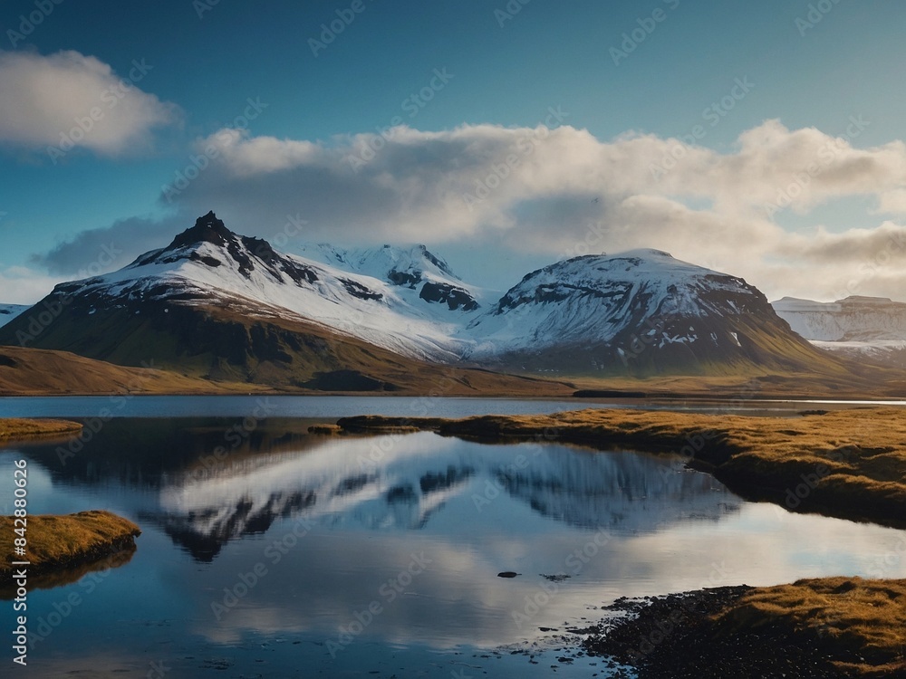 Fototapeta premium A beautiful sunrise with mountains and a boat on the water