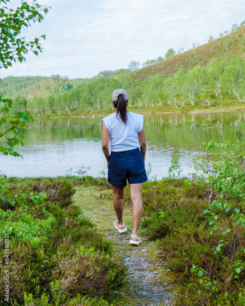 A lone hiker walks along a path bordering a tranquil lake, surrounded by lush greenery and towering mountains in the Norwegian wilderness. A lone hiker walks along a path bordering a tranquil lake, surrounded by lush greenery and towering mountains in the Norwegian wilderness.