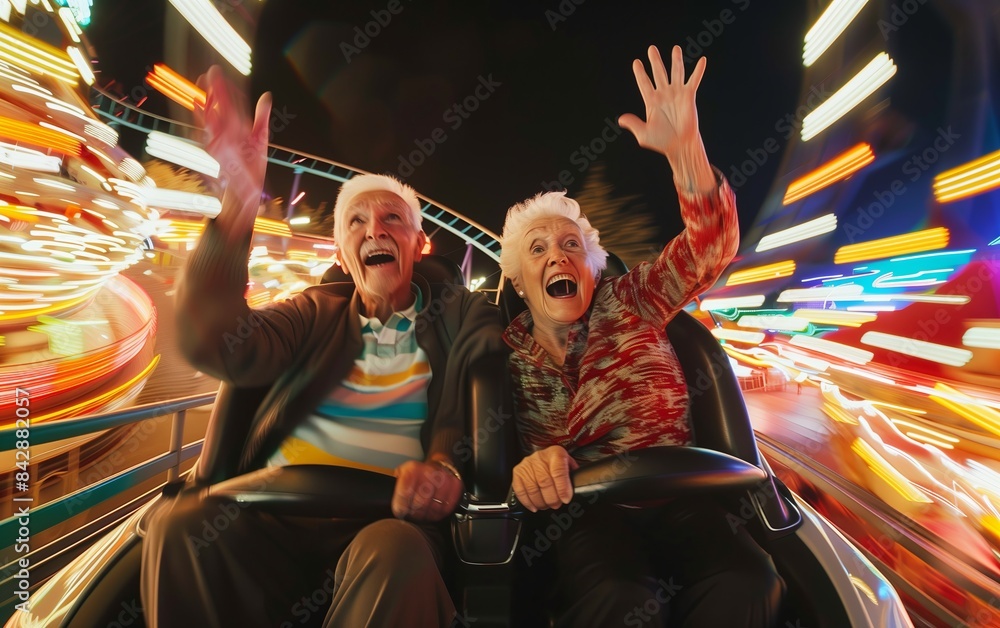 Fototapeta premium Senior couple enjoying a fast roller coaster ride at theme park