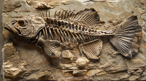 a fossilized fish embedded in a slab of sedimentary rock, archaeological and paleontological finds photo