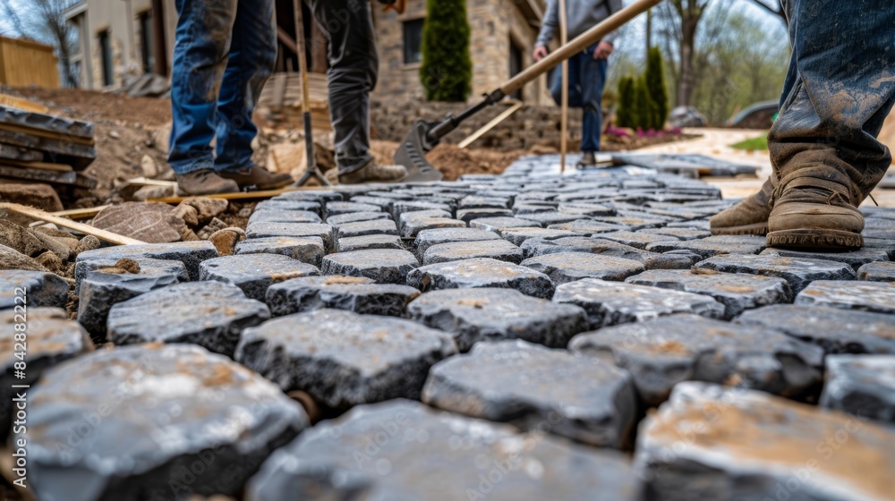 A team of skilled masons intricately laying out a pattern of cobblestone for the driveway giving the home a grand and inviting entrance. A team of skilled masons intricately laying out a pattern of cobblestone for the driveway giving the home a grand and inviting entrance.