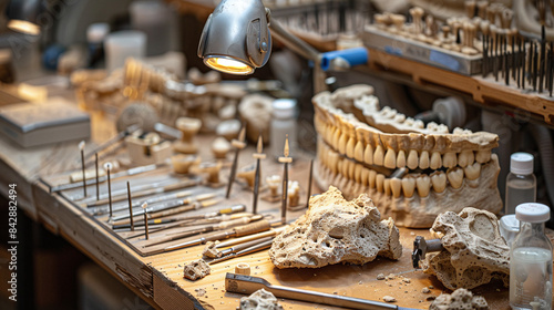 close-up photography of a laboratory workbench with fossil preparation tools, including dental picks, small chisels, and air scribes, archaeology and anthropological finds photo
