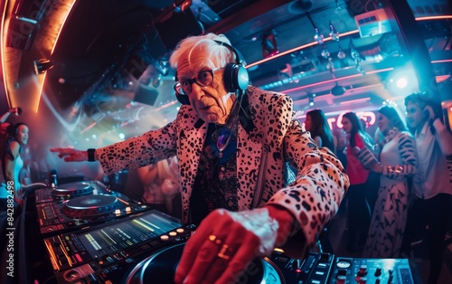 Senior DJ at a nighclub spinning music photo