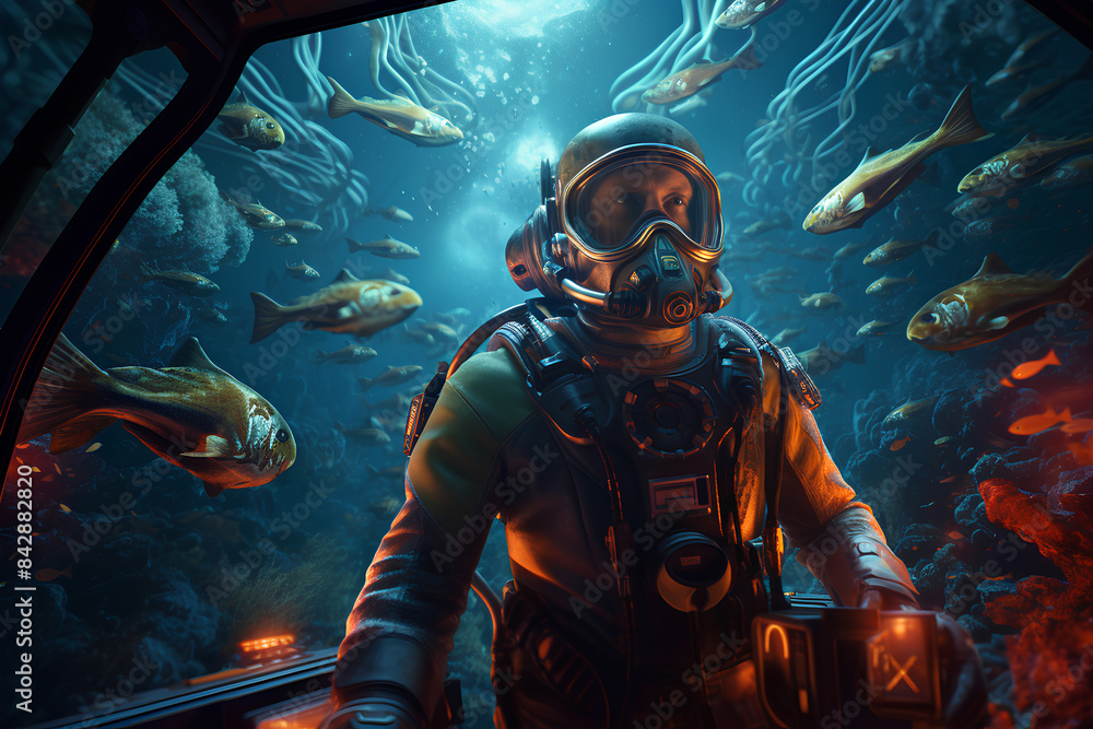 An underwater astronaut navigates the depths of a futuristic submarine, encountering mysterious sea creatures on a cosmic journey An underwater astronaut navigates the depths of a futuristic submarine, encountering mysterious sea creatures on a cosmic journey