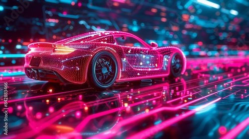 Selfdriving car on a neonlit circuit board  merging automotive innovation with digital technology  Cyberpunk  Digital Art  Electric Colors  Detailed 8K   high-resolution  ultra HD up32K HD