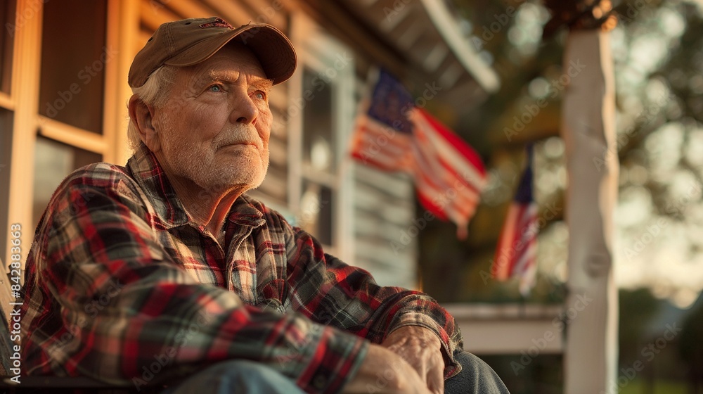 Senior man in a plaid shirt and hat, seated on a porch with a US flag, capturing a moment of reflection, Realism, Photography, Warm Tones, Sharp Focus 8K , high-resolution, ultra HD,up32K HD Senior man in a plaid shirt and hat, seated on a porch with a US flag, capturing a moment of reflection, Realism, Photography, Warm Tones, Sharp Focus 8K , high-resolution, ultra HD,up32K HD