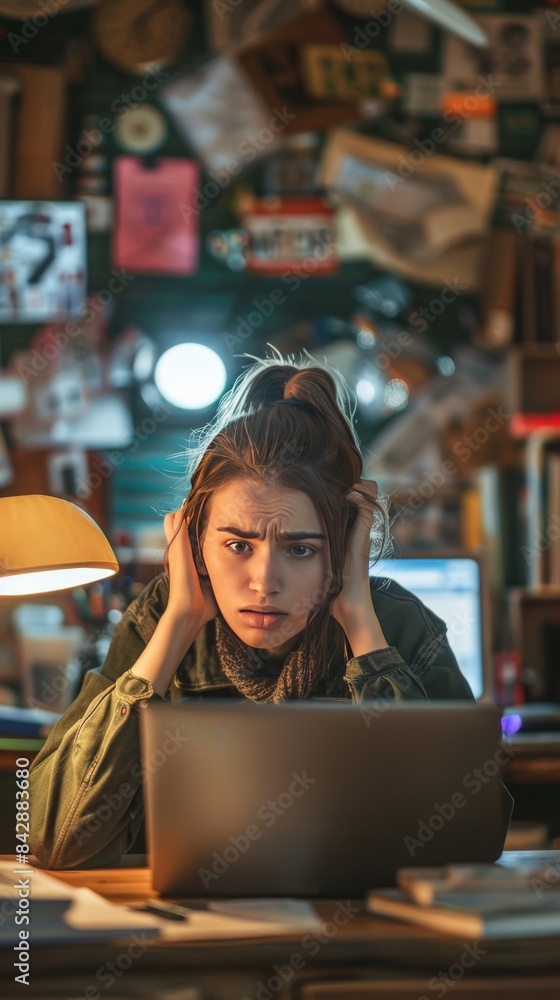 Young woman looks stressed and frustrated while working on her laptop in a cluttered home office environment, hands holding her head. Young woman looks stressed and frustrated while working on her laptop in a cluttered home office environment, hands holding her head.