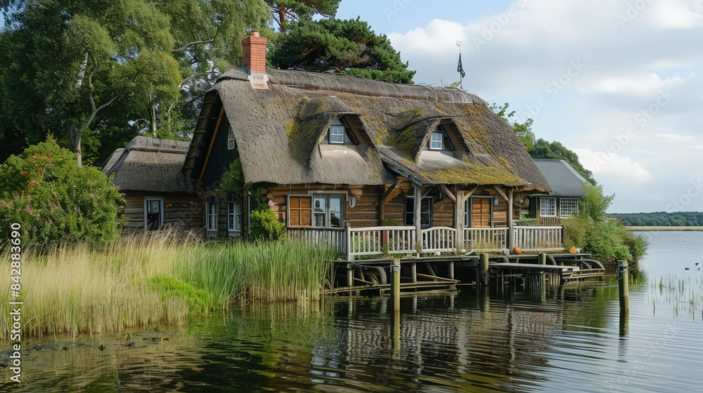 A traditional sea house with a thatched roof, wooden exterior, and serene coastal surroundings A traditional sea house with a thatched roof, wooden exterior, and serene coastal surroundings