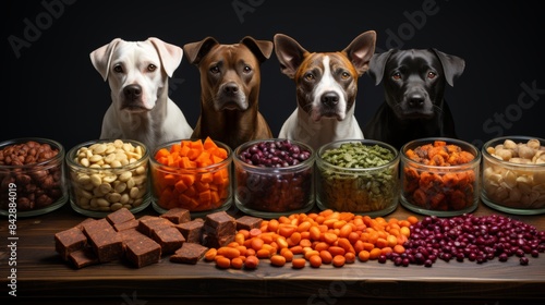 Aerial view of dogs surrounding dry food bowl, perfect for pet store or vet clinic ad banner © anwel