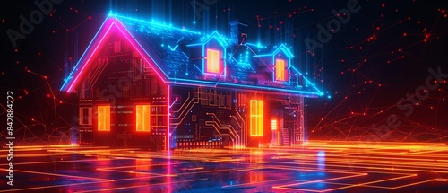 Smart home seamlessly integrated with a circuit board, with glowing windows and neon accents, representing technological innovation, Futuristic, Digital Art, Bright Hues, Detailed 8K , high-resolution © ธนากร บัวพรหม