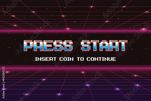 PRESS START INSERT A COIN TO CONTINUE .pixel art .8 bit game. retro game. for game assets .Retro Futurism Sci-Fi Background. glowing neon grid. and stars from vintage arcade computer games photo