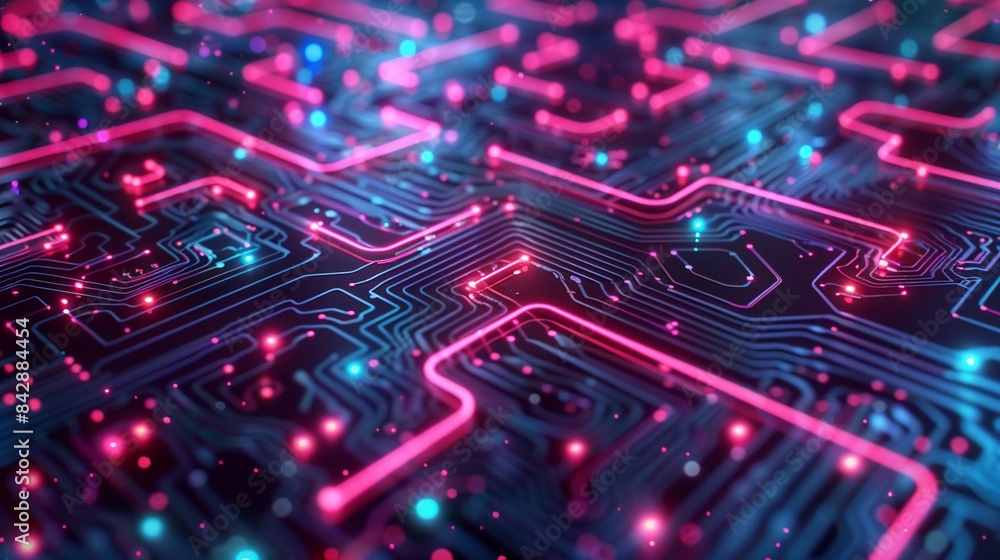 Complex maze with neon pink and blue highlights on a circuit board, symbolizing digital innovation and technology, Futuristic, Digital Art, Bright Neon, Detailed 8K , high-resolution, ultra HD,up32K H Complex maze with neon pink and blue highlights on a circuit board, symbolizing digital innovation and technology, Futuristic, Digital Art, Bright Neon, Detailed 8K , high-resolution, ultra HD,up32K H