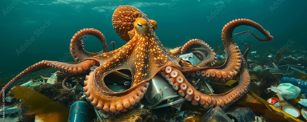Obraz premium An octopus navigating through underwater rubbish, highlighting the impact of environmental pollution, isolated against a deep ocean background, copy space