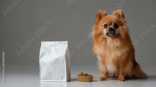 minipom dog sitting next to clean white pet food package, gray background, Ai Generated Images photo