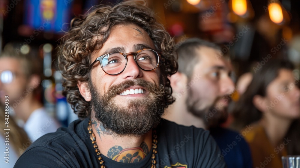 Football fans at bar, savoring beer, immersed in game, reveling in vibrant pub ambiance Football fans at bar, savoring beer, immersed in game, reveling in vibrant pub ambiance