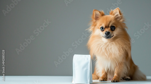 minipom dog sitting next to clean white pet food package, gray background, Ai Generated Images photo