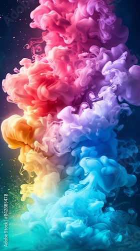 Abstract colorful clouds of paint smoothly mixing in water  creating the effect of explosive waves of color