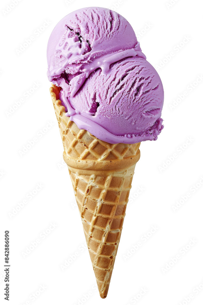 Delicious lavender-colored ice cream in a waffle cone. Perfect treat for summer days, transparent background Delicious lavender-colored ice cream in a waffle cone. Perfect treat for summer days, transparent background