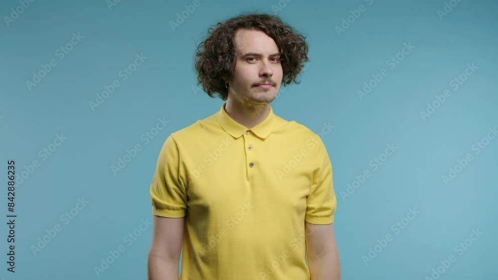 Serious disagreeable man disapproving with no head sign. Disagree guy on blue. Serious disagreeable man disapproving with no head sign. Disagree guy on blue.