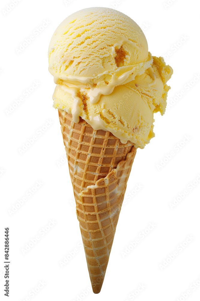 Delicious vanilla ice cream cone with waffle cone, isolated on white background. Perfect summer dessert, transparent background Delicious vanilla ice cream cone with waffle cone, isolated on white background. Perfect summer dessert, transparent background