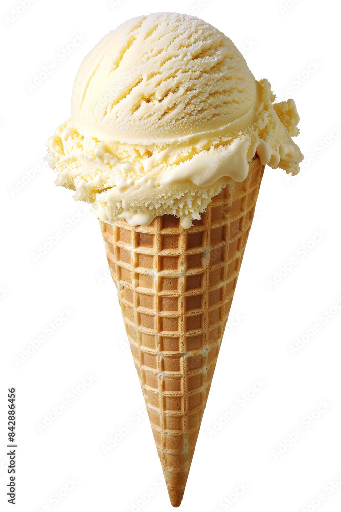 Delicious vanilla ice cream cone with a crunchy waffle cone, isolated on a white background, perfect for summer treats and desserts, transparent background Delicious vanilla ice cream cone with a crunchy waffle cone, isolated on a white background, perfect for summer treats and desserts, transparent background