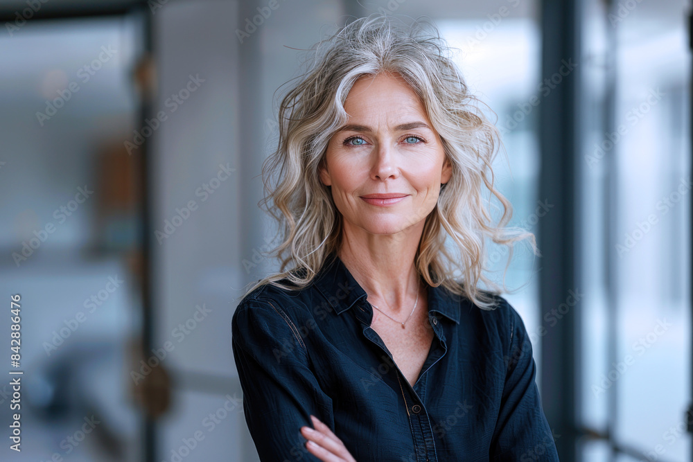 Blonde senior business woman in formal shirt, smile in modern office Blonde senior business woman in formal shirt, smile in modern office
