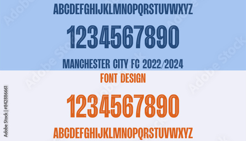 font vector team 2023 - 2024 kit sport style font. manchester City football style font. premier league. sports style letters and numbers for soccer team