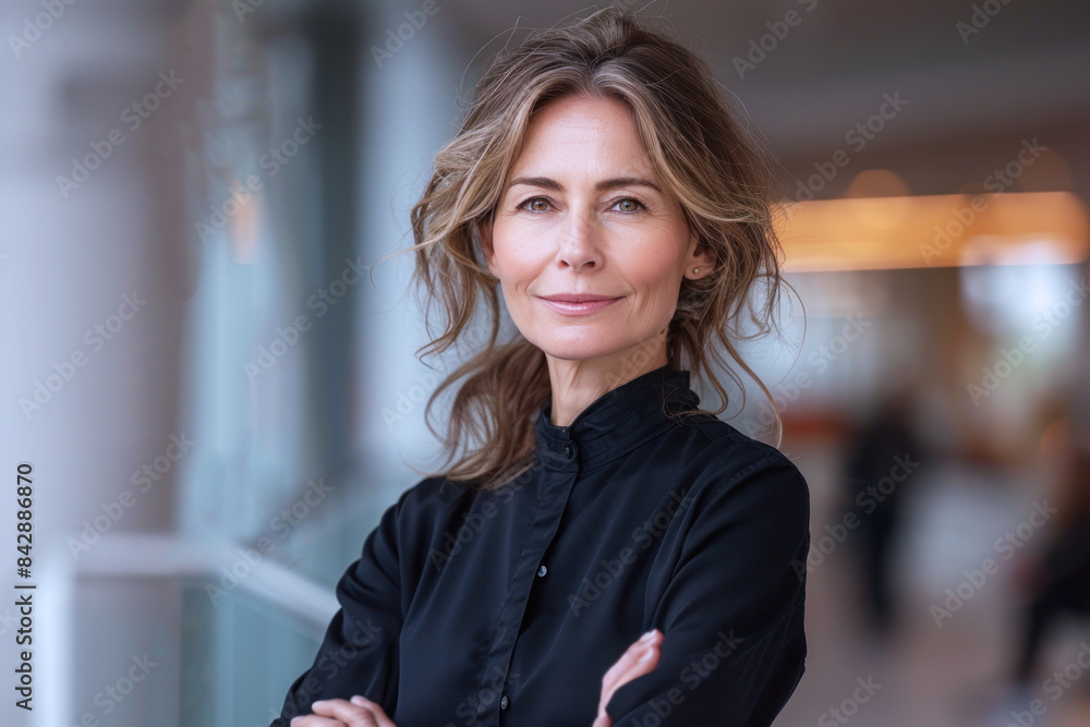 Brunette senior business woman in formal shirt, smile in modern office Brunette senior business woman in formal shirt, smile in modern office