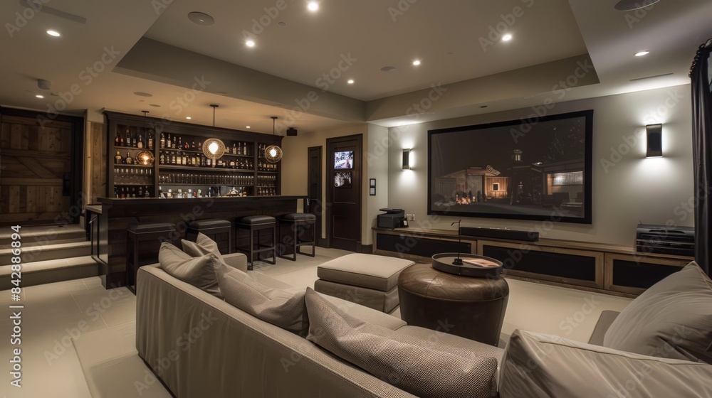 A basement entertainment area with a home theater system, comfy couches, and a mini-bar A basement entertainment area with a home theater system, comfy couches, and a mini-bar