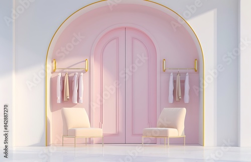 A minimalist pastel fashion store with on hangers, an arched door and two chairs © Mahwish