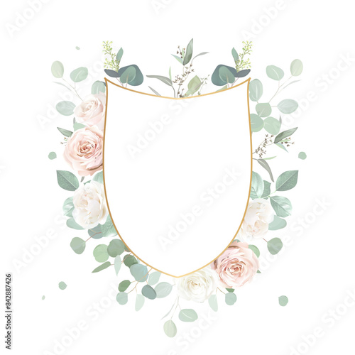 Blush pink rose flowers and mint eucalyptus vector frame. Hand painted branches, leaves on white background. Greenery wedding invitation. Watercolor style card. Elements are isolated and editable