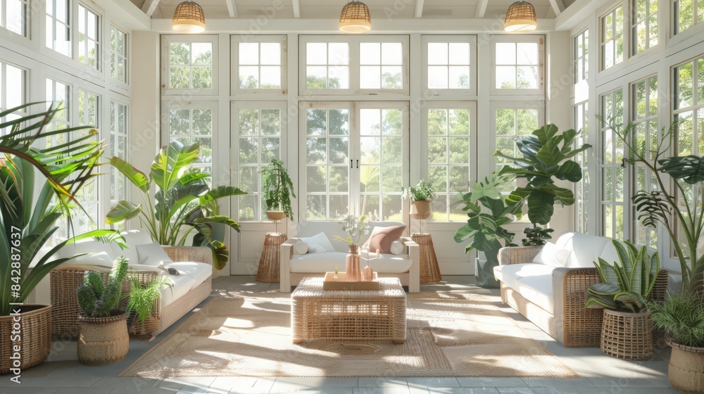 A bright and airy sunroom with large windows, comfortable seating, and lots of plants. A bright and airy sunroom with large windows, comfortable seating, and lots of plants.