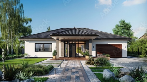 A bungalow house model with a single-story layout, cozy interiors, and a spacious front yard