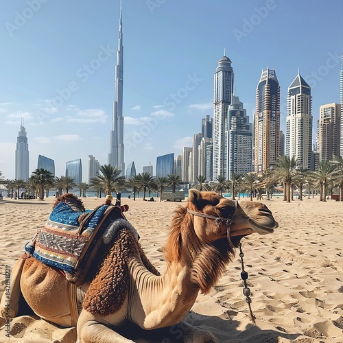 camel, desert, sunny day, clear blue sky in Dubai 